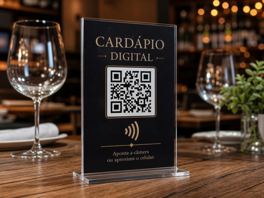 Placa acrílica azul de cardápio digital em mesa de restaurante com celular exibindo o menu
