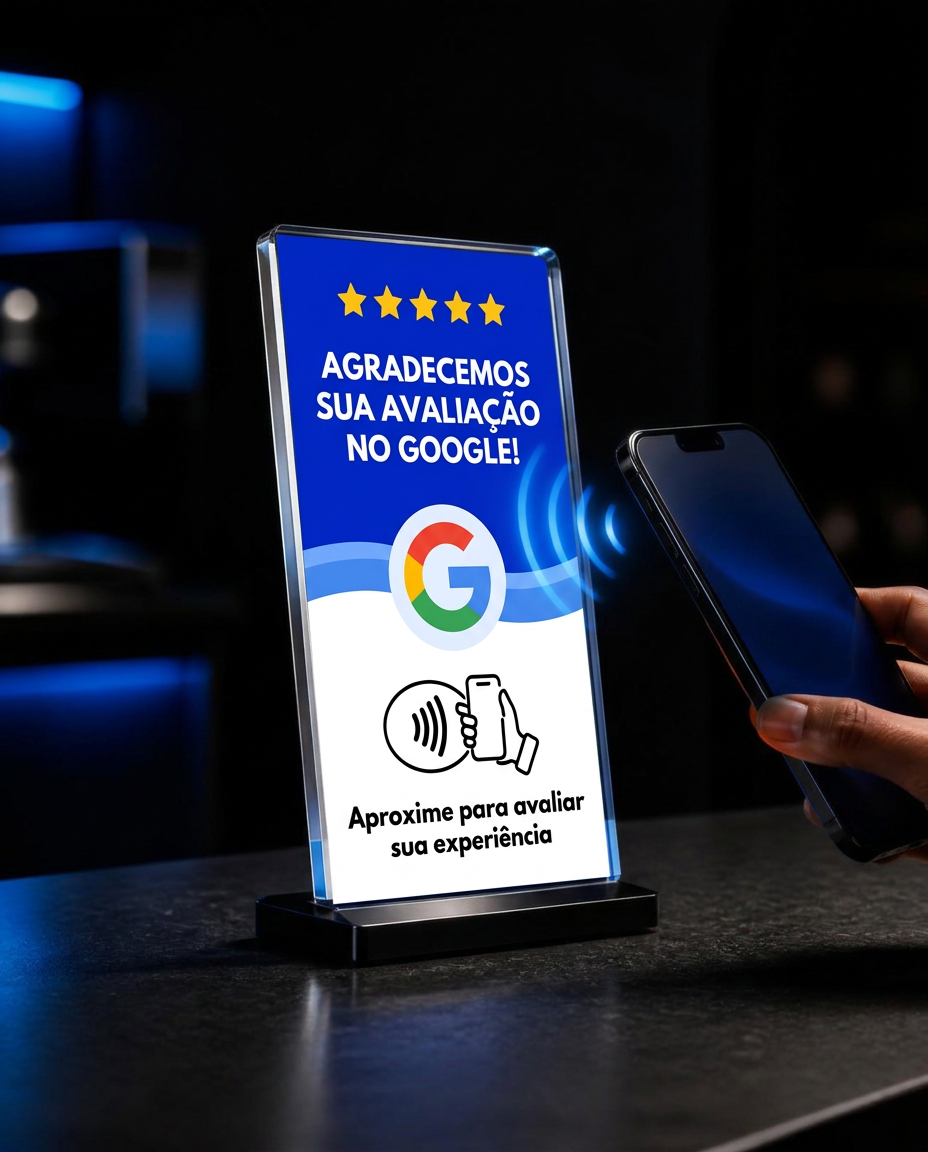 Pessoa aproximando o celular da placa acrílica TAG Conecta para avaliações no Google